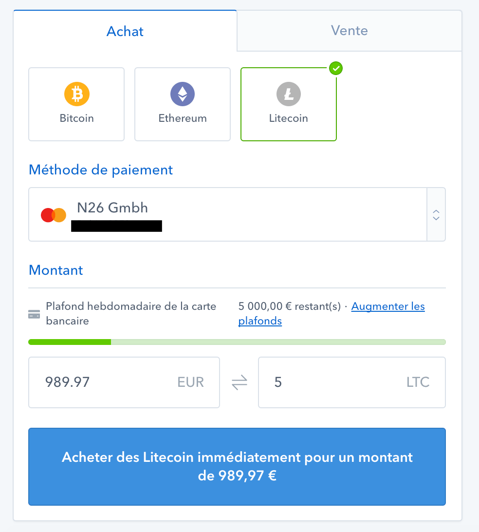 Page de confirmation d'achat de Litecoin sur Coinbase